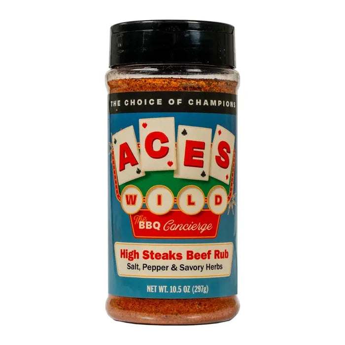 Aces Wild High Steaks Beef Rub, a grilling beef rub with salt, pepper, and savory herbs for flavorful meats.
