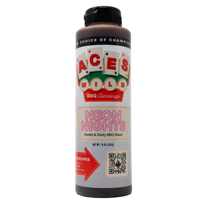 Aces Wild Neon Nights Sweet & Zesty BBQ Glaze bottle showcasing vibrant flavor and grilling potential.