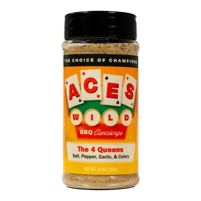 Aces Wild The 4 Queens all purpose BBQ rub bottle featuring salt, pepper, garlic, and celery.
