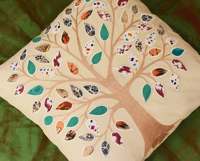 Beige Tree of Life Decorative Pillow Cover Cotton Applique Work Designs 18"x18" - KashmirDesigns