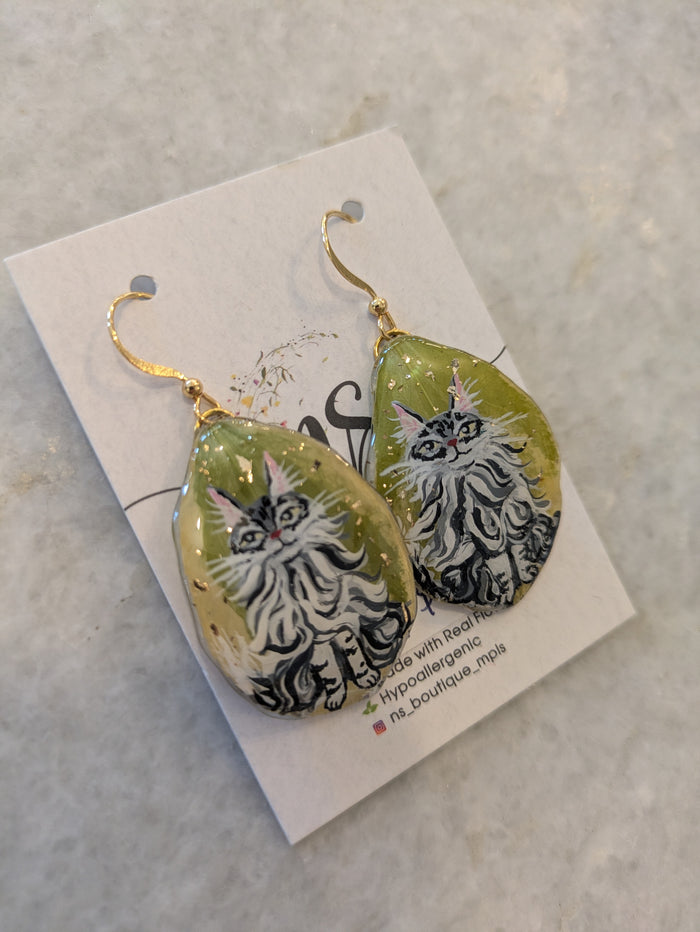 Hand Painted Long Hair Cat on Leaf Earrings