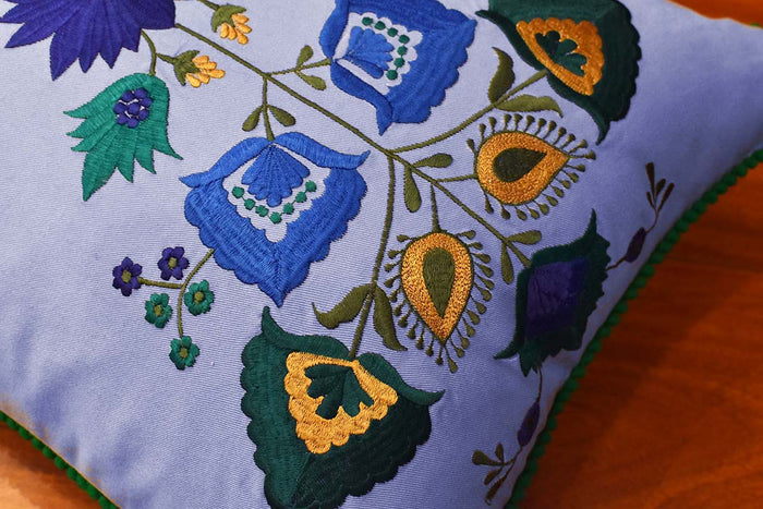 Lumbar Blue Floral Cotton Decorative Pillow Cover Silk Embroidery 14"x20" - KashmirDesigns
