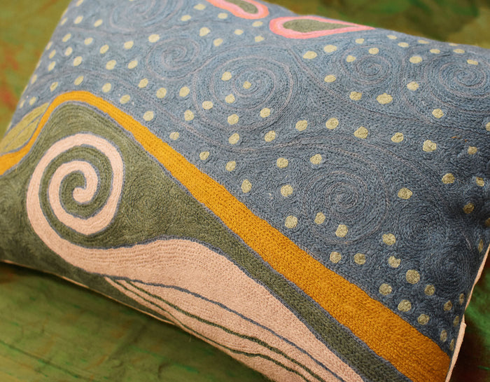 Lumbar Klimt Night Sky Blue Decorative Pillow Cover Handembroidered Wool 14"x20" - KashmirDesigns