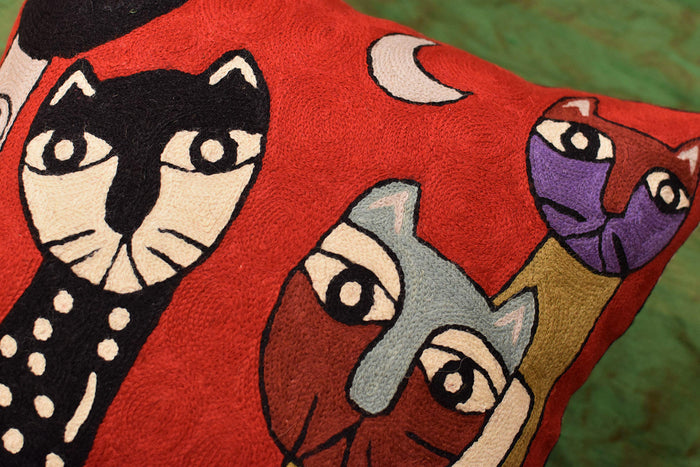 Picasso Red Cat Quadruplets Decorative Pillow Cover Handembroidered Wool 18"x18" - KashmirDesigns