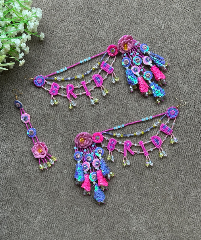 Pink & Blue Floral BRIDE Earring Tikka Set
