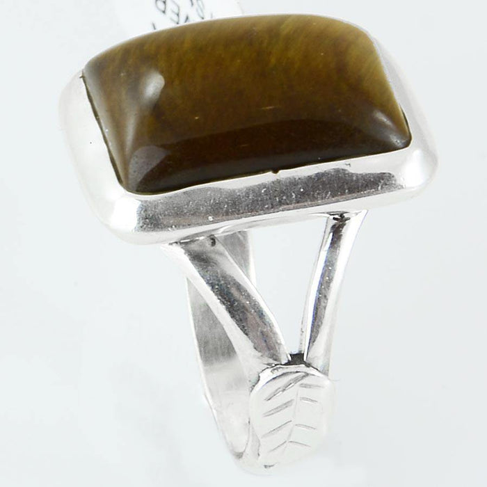 Size 9 Tiger Eye Ring Sterling Silver Cabochon Rings Leaf - Kashmir Designs