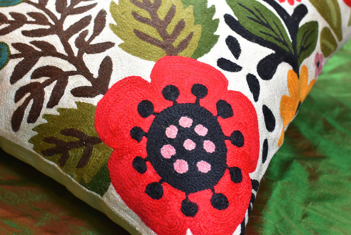 Suzani Red Bird Floral Bloom Decorative Pillow Cover Handembroidered Wool 18x18" - KashmirDesigns