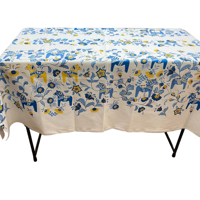 Swedish Tablecloth 58" x 58" - White w/ Blue & Yellow Dala horses & kurbits