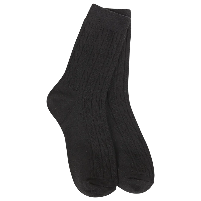 Women's black cable knit mini crew socks featuring an ultra-soft lightweight design for everyday comfort and casual style.