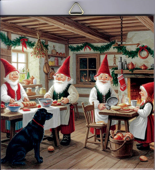 6" Ceramic Tile, Gnomes in Kitchen with Black Lab dog