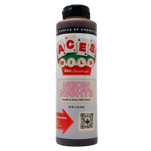 Aces Wild Neon Nights Sweet & Zesty BBQ Glaze bottle showcasing vibrant flavor and grilling potential.