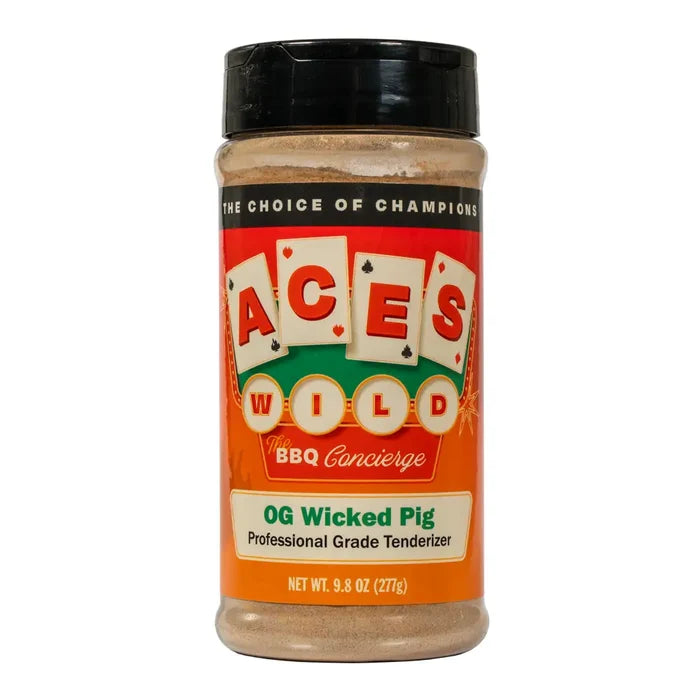 Aces Wild Wicked Pig Marinade jar, a professional-grade meat tenderizer for juicy, flavorful dishes.