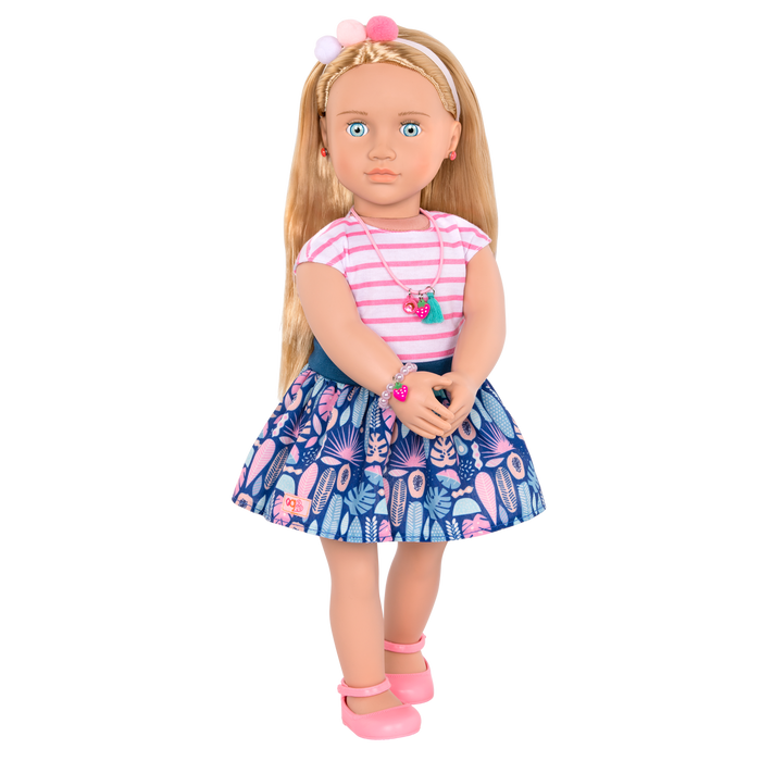 18-inch doll with blonde hair, pale blue eyes, jewelry and box