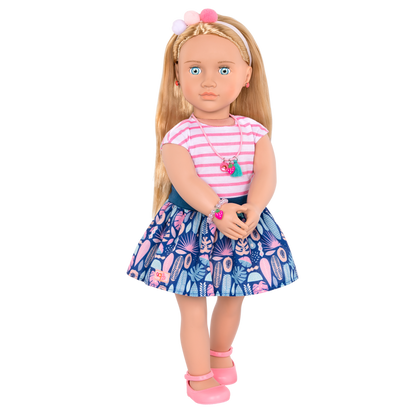 18-inch doll with blonde hair, pale blue eyes, jewelry and box