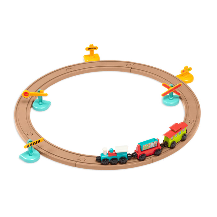 Toy train set with tracks and colorful trains and accessories