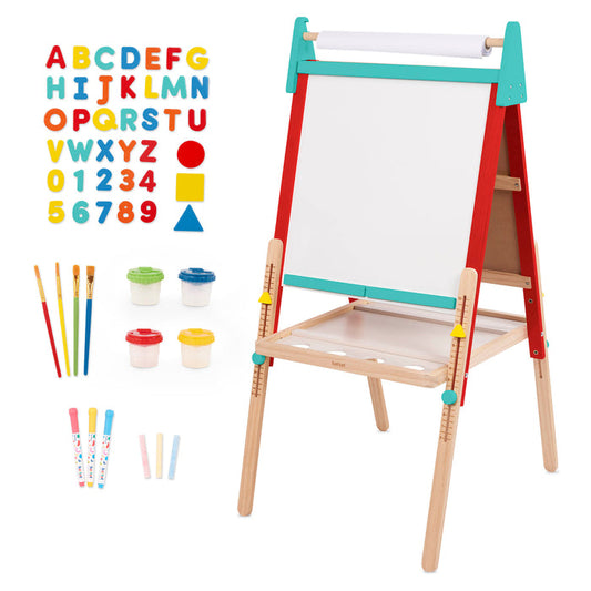 An art easel for toddlers kids with a whiteboard and chalkboard.