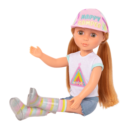 14-inch posable doll with red hair and hazel eyes