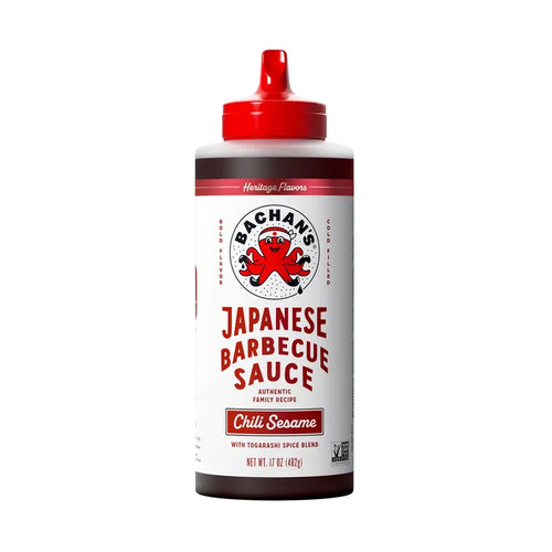 Bachan's chili sesame barbecue sauce bottle with Togarashi spice blend, 17oz size.