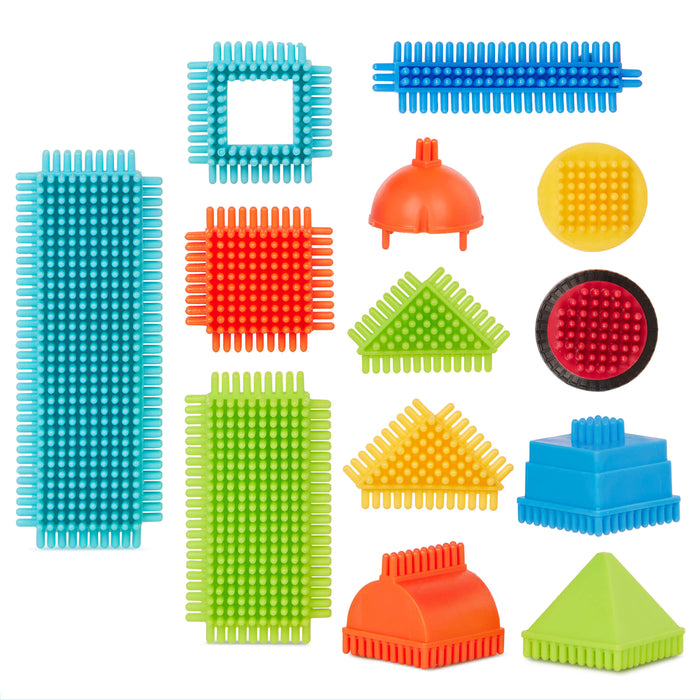 Colorful building blocks laid out, so you can see all the pieces.