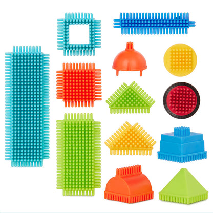 Colorful building blocks laid out, so you can see all the pieces.