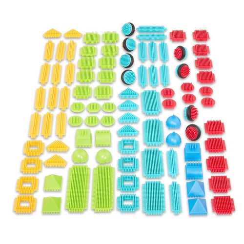 112 pc building block set, laid out to show all the coloful pieces.