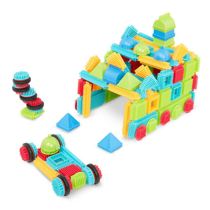 112 pc building block set, laid out to show all the coloful pieces.