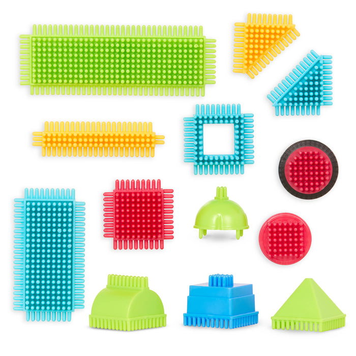 112 pc building block set, laid out to show all the coloful pieces.
