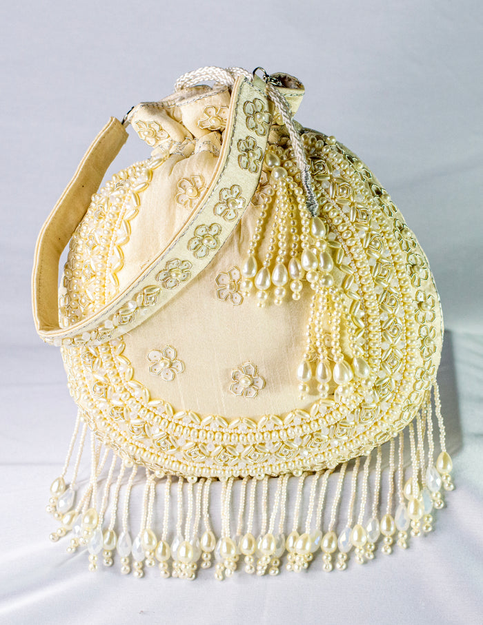 Beige Raw Silk Hand Embellished Potli