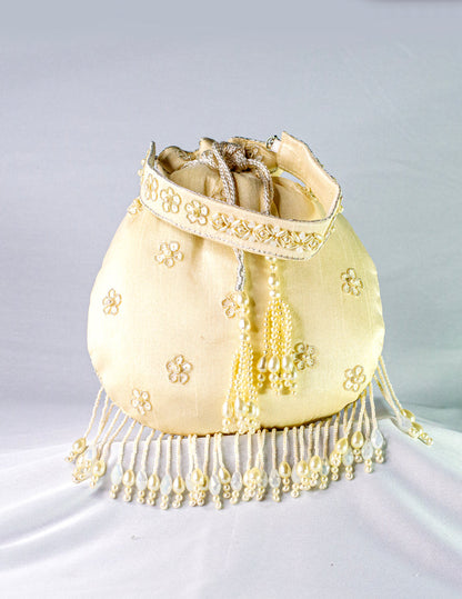 Beige Raw Silk Hand Embellished Potli