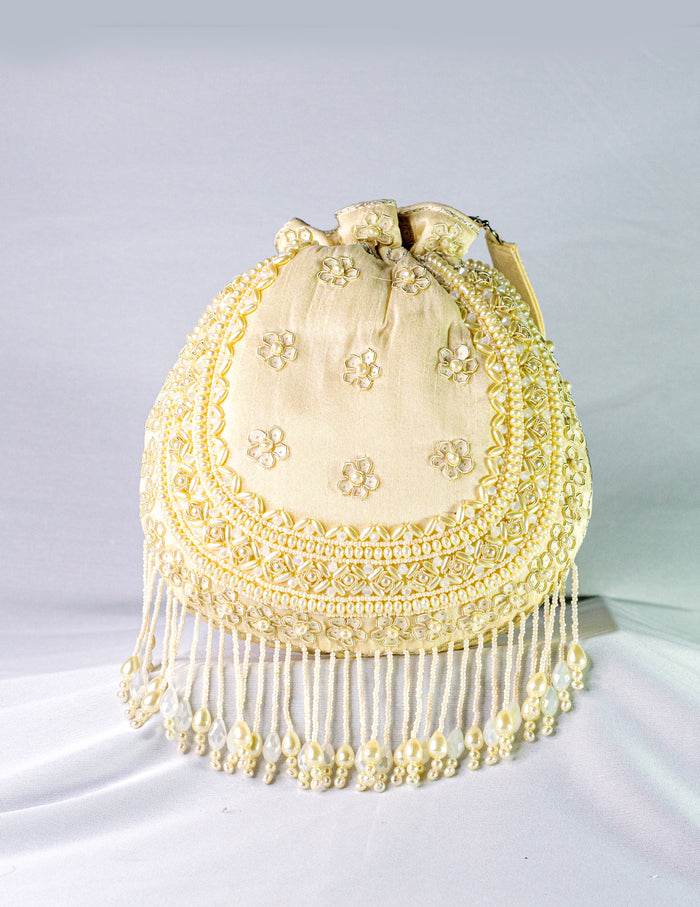 Beige Raw Silk Hand Embellished Potli