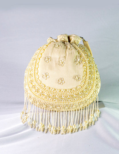 Beige Raw Silk Hand Embellished Potli