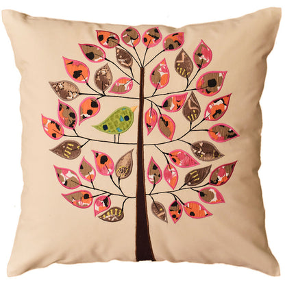 Beige Tree of Life Bird Decorative Pillow Cover Cotton Applique Work 18"x18" - KashmirDesigns
