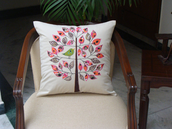 Beige Tree of Life Bird Decorative Pillow Cover Cotton Applique Work 18"x18" - KashmirDesigns