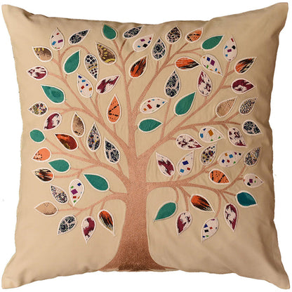 Beige Tree of Life Decorative Pillow Cover Cotton Applique Work Designs 18"x18" - KashmirDesigns