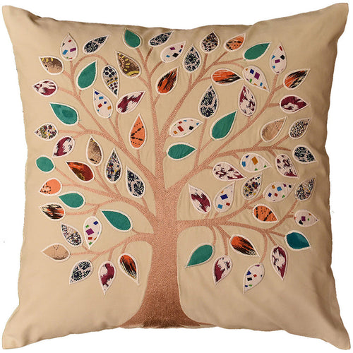 Beige Tree of Life Decorative Pillow Cover Cotton Applique Work Designs 18"x18" - KashmirDesigns