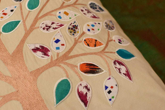 Beige Tree of Life Decorative Pillow Cover Cotton Applique Work Designs 18"x18" - KashmirDesigns