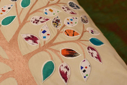 Beige Tree of Life Decorative Pillow Cover Cotton Applique Work Designs 18"x18" - KashmirDesigns