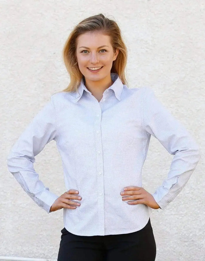 BENCHMARK Laides’ Dot Contrast Long Sleeve Shirt- white blue dot M8922 Metro Workwear.