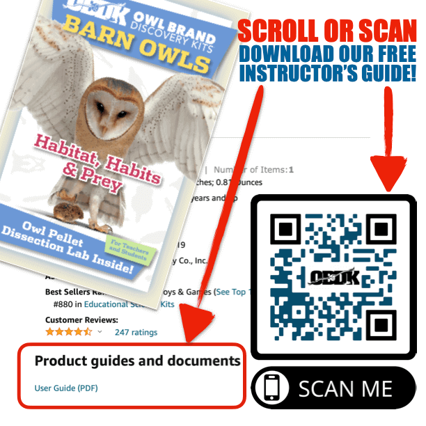 Extra-Large 5-Pack Exploration Activity + Guide with owl pellet dissection resources and QR code for instructor's guide.