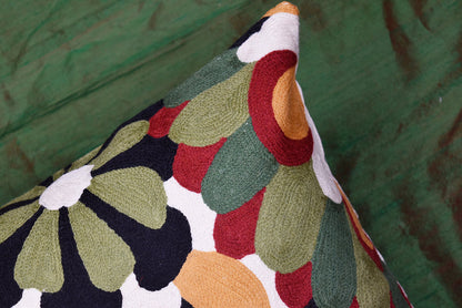Black Daisy Floral Pillow Cover Modern II Art Nouveau Cushions Hand Embroidered Wool 18x18" - KashmirDesigns