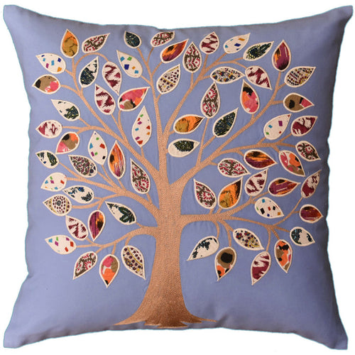 Bleu de France Tree of Life Decorative Pillow Cover Cotton Applique Work 18"x18" - KashmirDesigns