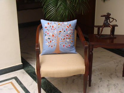 Bleu de France Tree of Life Decorative Pillow Cover Cotton Applique Work 18"x18" - KashmirDesigns