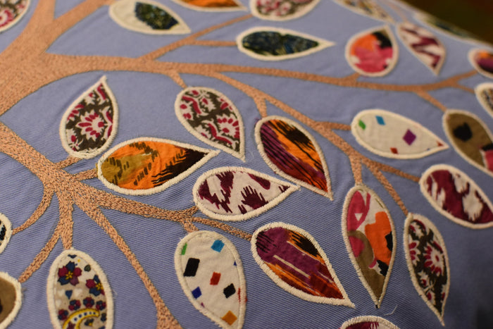 Bleu de France Tree of Life Decorative Pillow Cover Cotton Applique Work 18"x18" - KashmirDesigns