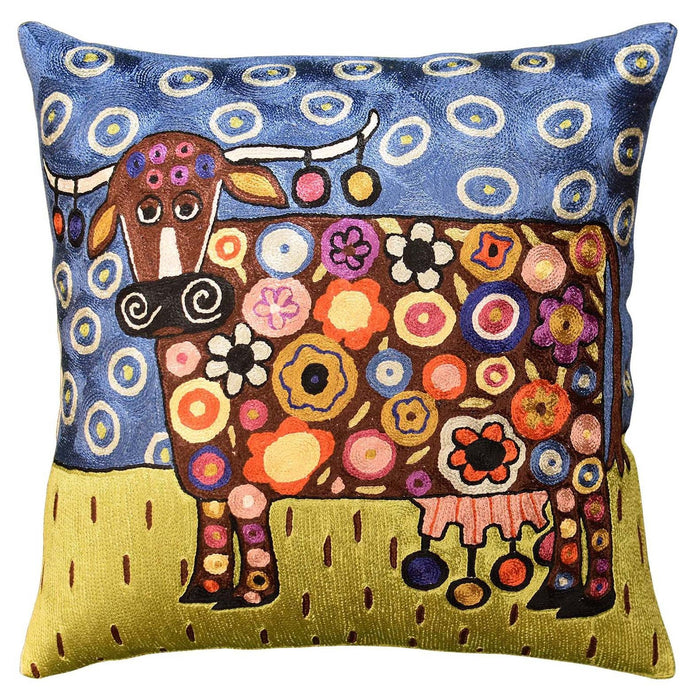 Blooming Cow Karla Gerard Accent Pillow Cover Handembroidered Art Silk 18"x18" - KashmirDesigns