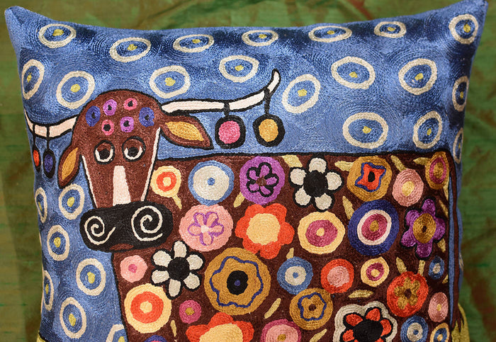 Blooming Cow Karla Gerard Accent Pillow Cover Handembroidered Art Silk 18"x18" - KashmirDesigns