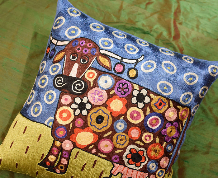 Blooming Cow Karla Gerard Accent Pillow Cover Handembroidered Art Silk 18"x18" - KashmirDesigns