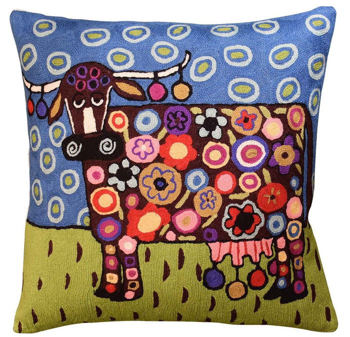 Blooming Cow Karla Gerard Decorative Pillow Cover Handembroidered Wool 18"x18" - KashmirDesigns