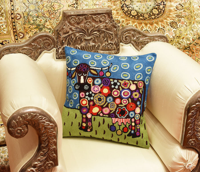 Blooming Cow Karla Gerard Decorative Pillow Cover Handembroidered Wool 18"x18" - KashmirDesigns