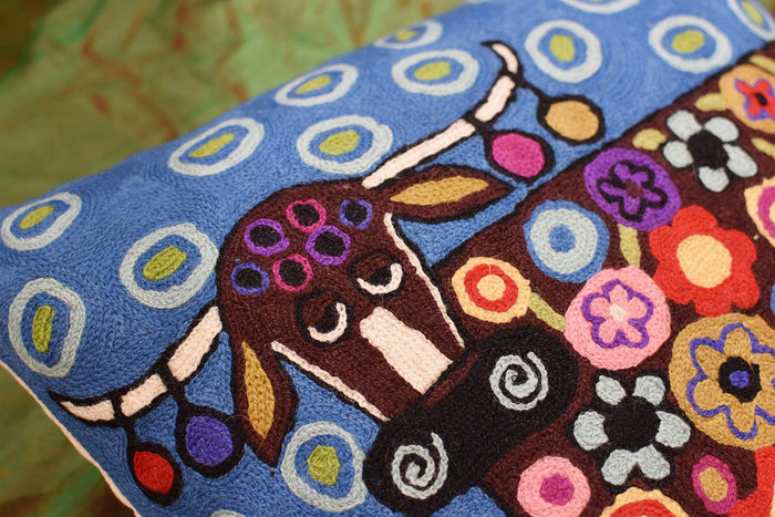 Blooming Cow Karla Gerard Decorative Pillow Cover Handembroidered Wool 18"x18" - KashmirDesigns