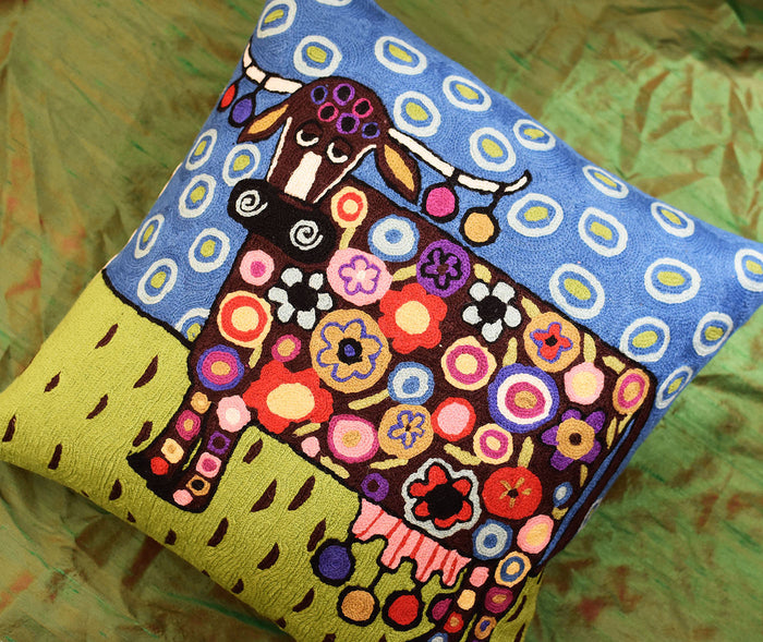 Blooming Cow Karla Gerard Decorative Pillow Cover Handembroidered Wool 18"x18" - KashmirDesigns